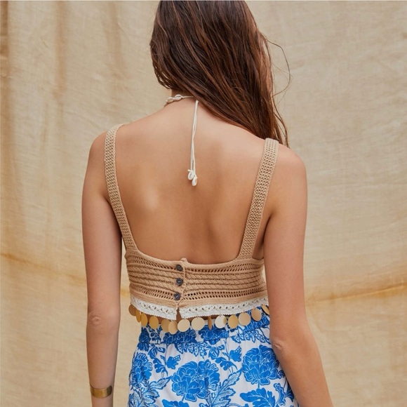 NWT Cider L Beige Tassel Knit Crop Tank Bohemian Festival Coachella Beachy Top - Picture 2 of 10